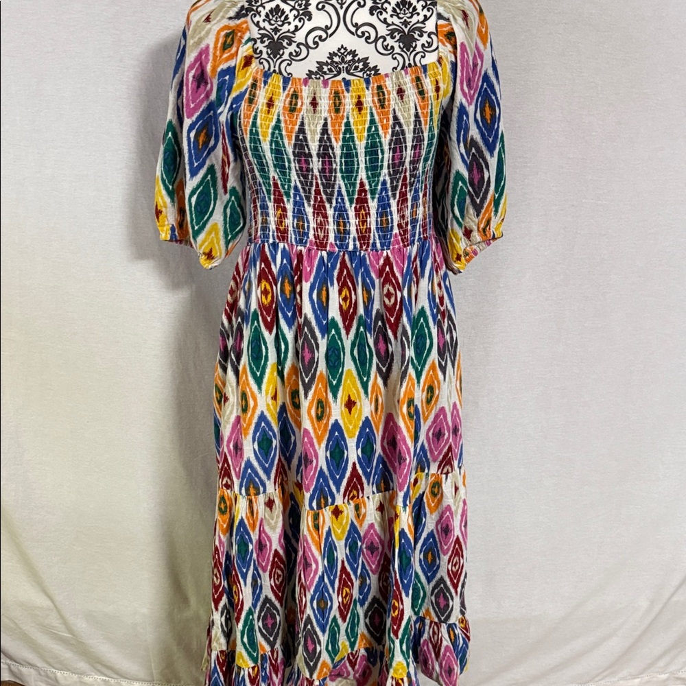 THML Colorful Ikat Geo Diamond Pattern Midi Dress Fun and Bold Puff sleeves